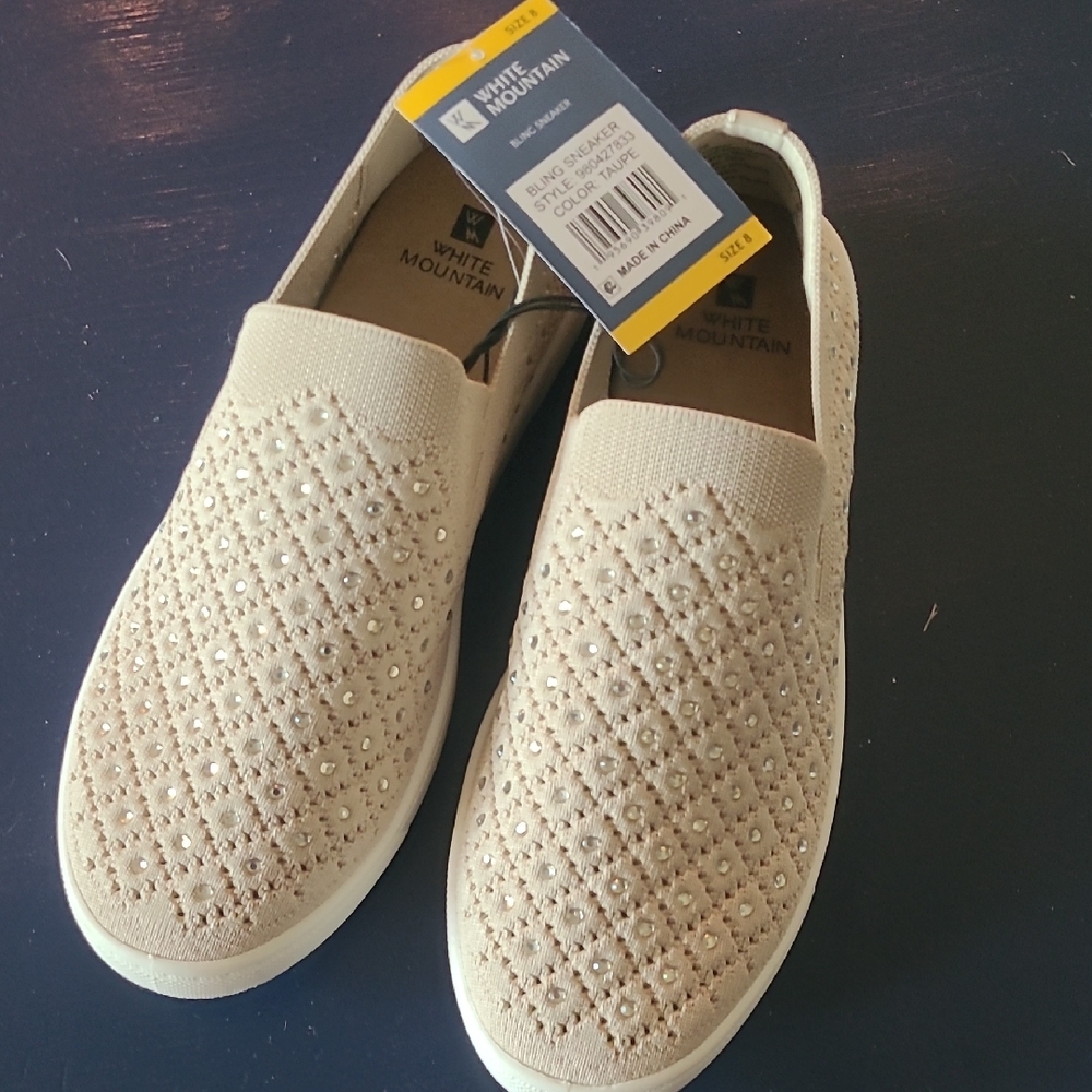 White Mountain Women's Slip-On Sneakers in Beige with Rhinestone Embellishments